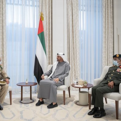 ABU DHABI, UNITED ARAB EMIRATES - September 28, 2021: HH Sheikh Mohamed bin Zayed Al Nahyan, Crown Prince of Abu Dhabi and Deputy Supreme Commander of the UAE Armed Forces (2nd R), meets with General Belkhair El Farouk, the Inspector General Of The Royal Moroccan Armed Forces (L), at Al Shati Palace. Seen with HE Lt General Hamad Thani Al Romaithi, Chief of Staff UAE Armed Forces (R).

( Mohamed Al Hammadi / Ministry of Presidential Affairs )
---