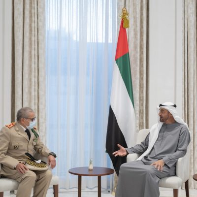 ABU DHABI, UNITED ARAB EMIRATES - September 28, 2021: HH Sheikh Mohamed bin Zayed Al Nahyan, Crown Prince of Abu Dhabi and Deputy Supreme Commander of the UAE Armed Forces (R), meets with General Belkhair El Farouk, the Inspector General Of The Royal Moroccan Armed Forces (L), at Al Shati Palace.

( Mohamed Al Hammadi / Ministry of Presidential Affairs )
---