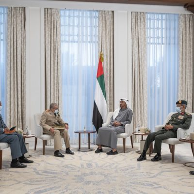 ABU DHABI, UNITED ARAB EMIRATES - September 28, 2021: HH Sheikh Mohamed bin Zayed Al Nahyan, Crown Prince of Abu Dhabi and Deputy Supreme Commander of the UAE Armed Forces (3rd R), meets with General Belkhair El Farouk, the Inspector General Of The Royal Moroccan Armed Forces (3rd L), at Al Shati Palace. Seen with HE Major General Essa Saif Al Mazrouei, Deputy Chief of Staff of the UAE Armed Forces (R) and HE Lt General Hamad Thani Al Romaithi, Chief of Staff UAE Armed Forces (2nd R).

( Mohamed Al Hammadi / Ministry of Presidential Affairs )
---